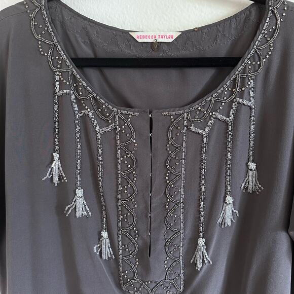 Rebecca Taylor Gray Silk Beaded Blouse Size 8 - Picture 3 of 9